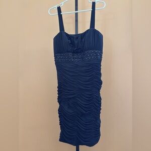 Super Flattering Black Ruched Cocktail Dress with Beads and Side Zipper Size 14